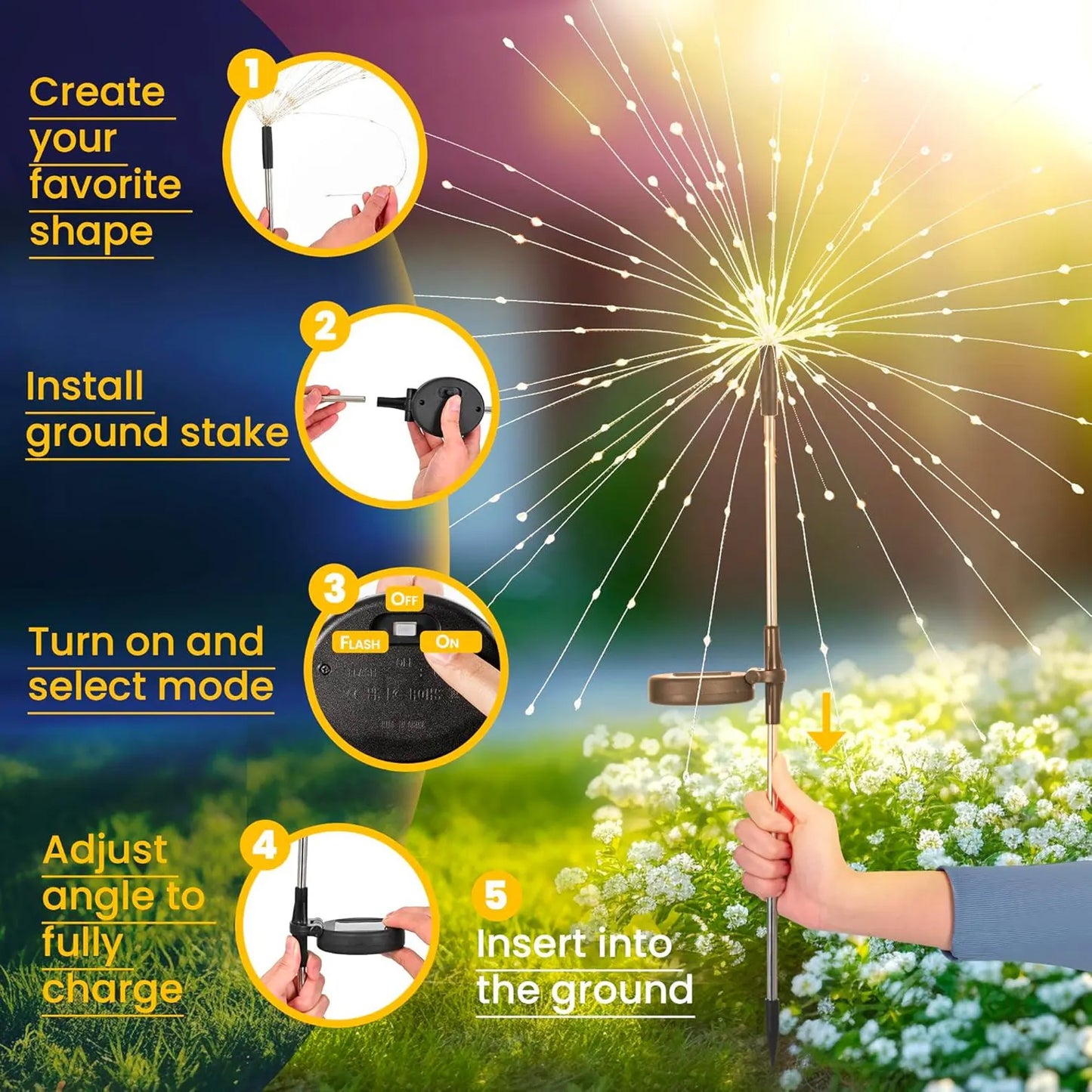 Fireworks Solar Lights Garden Light - 120 LED DIY Starburst Stakes | IP65 Waterproof Solar Garden Art