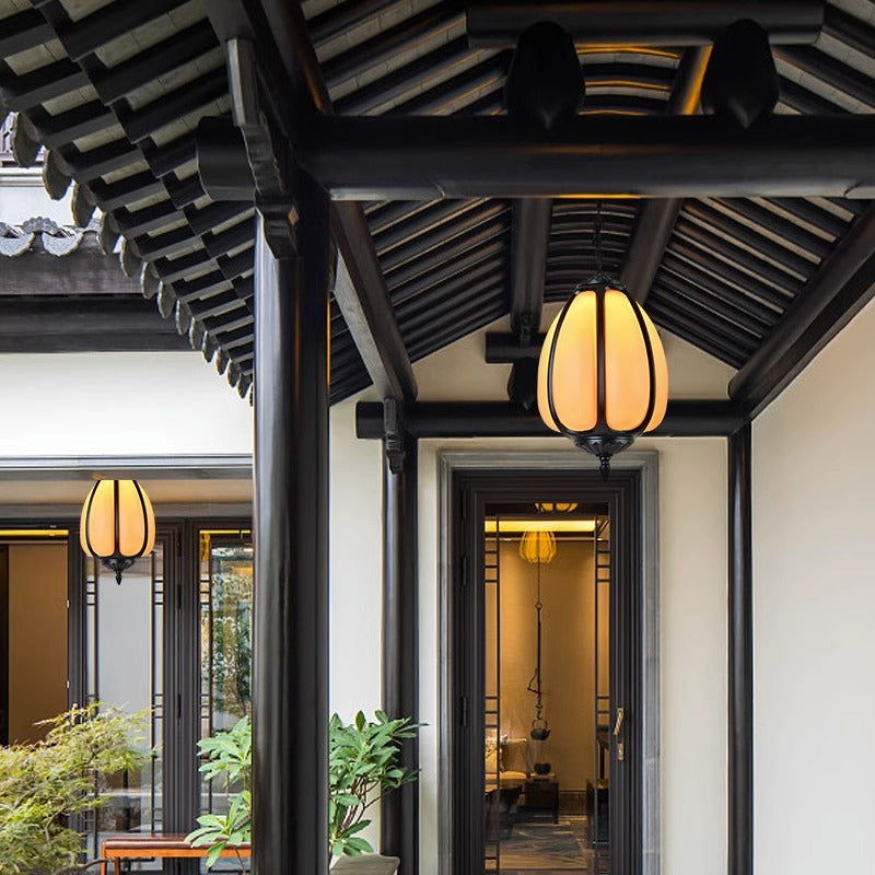 Neo-Chinese Waterproof Pumpkin Outdoor Pendant Light - Retro Lantern for Gazebo & Porch