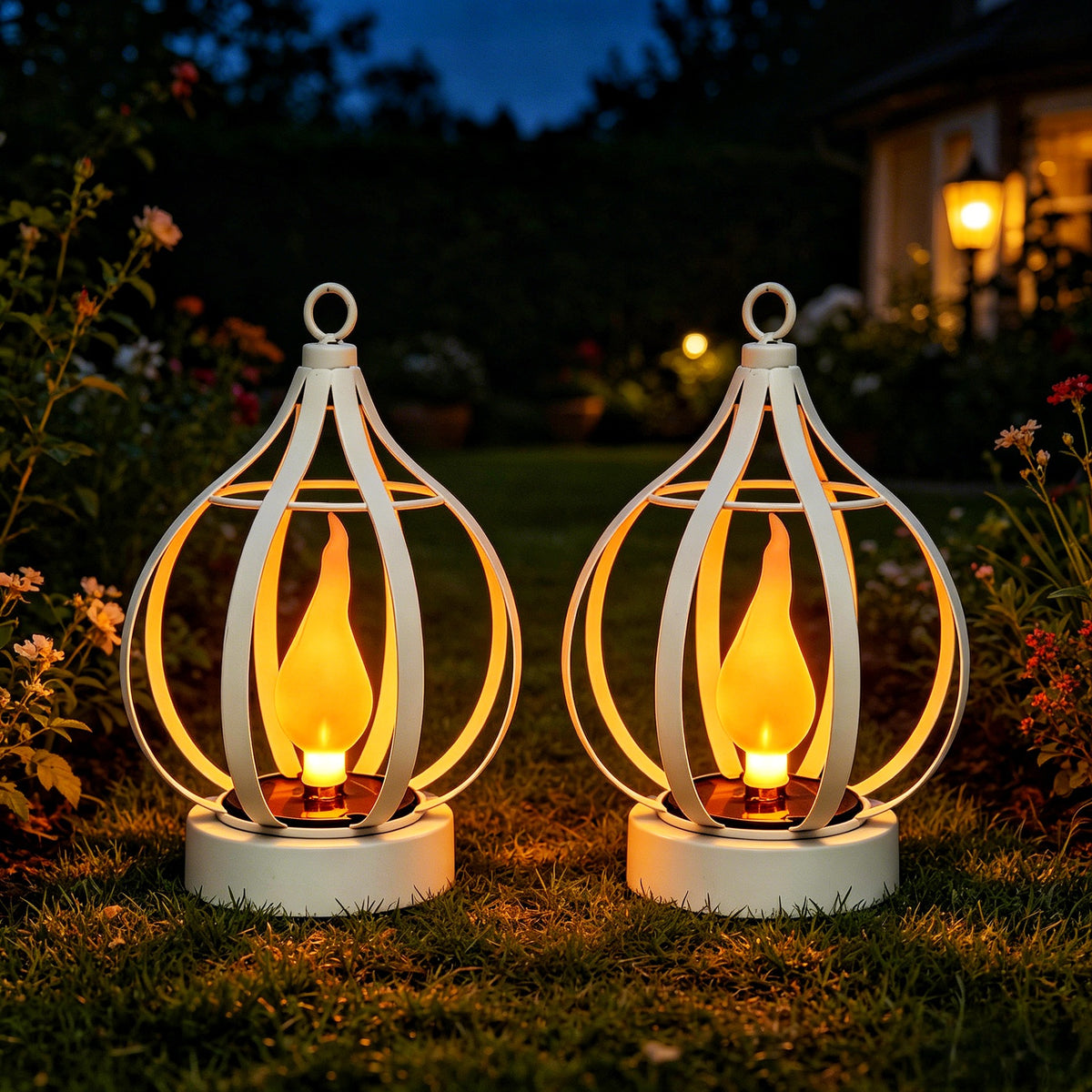 Modern Solar Metal Flame Lantern – IP65 Waterproof Outdoor Hanging Landscape Light for Garden & Patio
