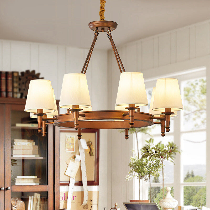 Retro Spindle Wheel Chandelier – Circular Ring Metal & Fabric Shade Chandelier