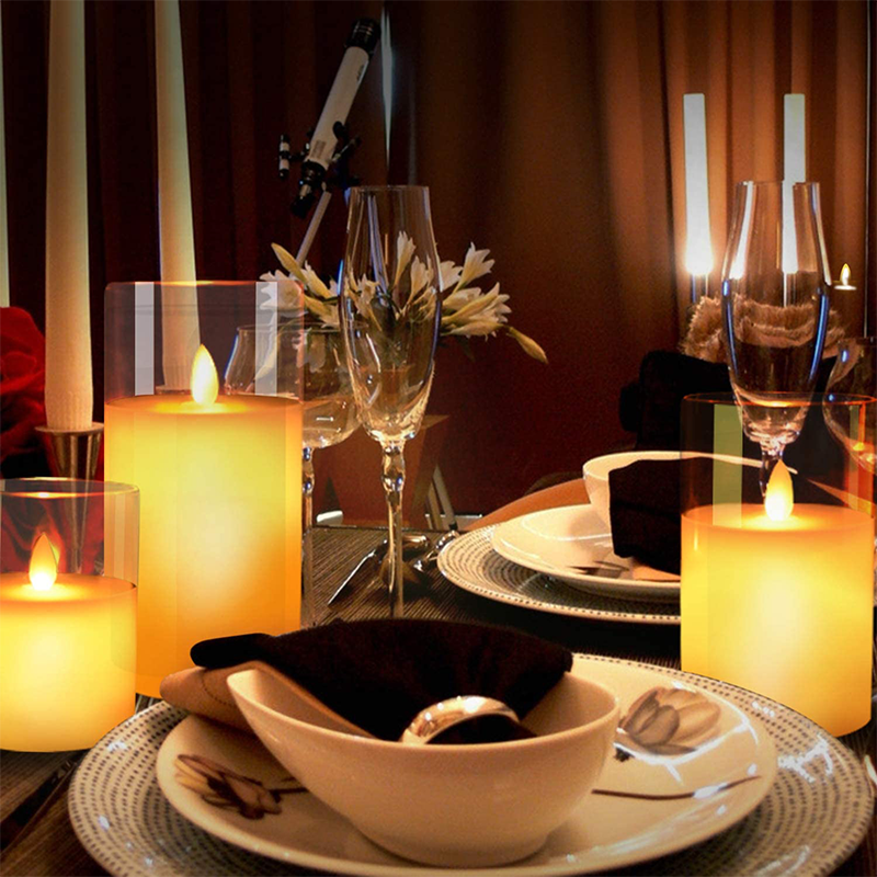 Flickering Flameless LED Candles with Glass Holder - Real Wax Remote Control Pillars | Moving Wick Amber Landscape Lights