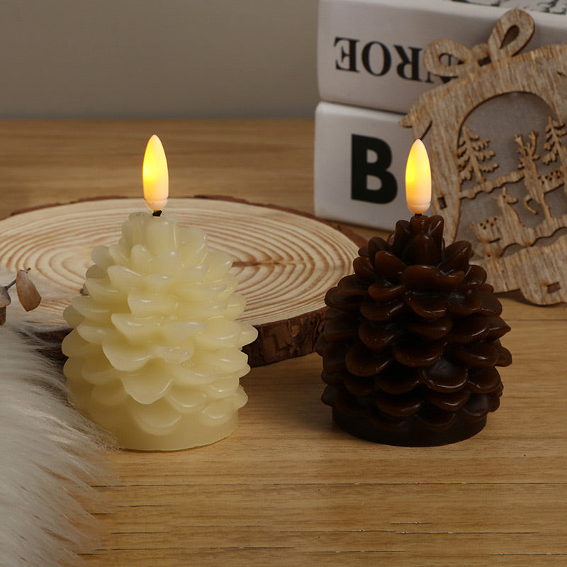 Flameless LED Pine Cone Candles - Real Paraffin Wax Flickering Holiday Lamp | Battery Operated Winter Accent Light | Brown & White