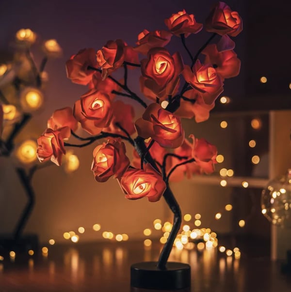 Forever Rose Tree Lamp - LED Tabletop Lighted Bonsai Sconce | Romantic Handmade Bedside Night-Light | Whimsical Holiday Gift