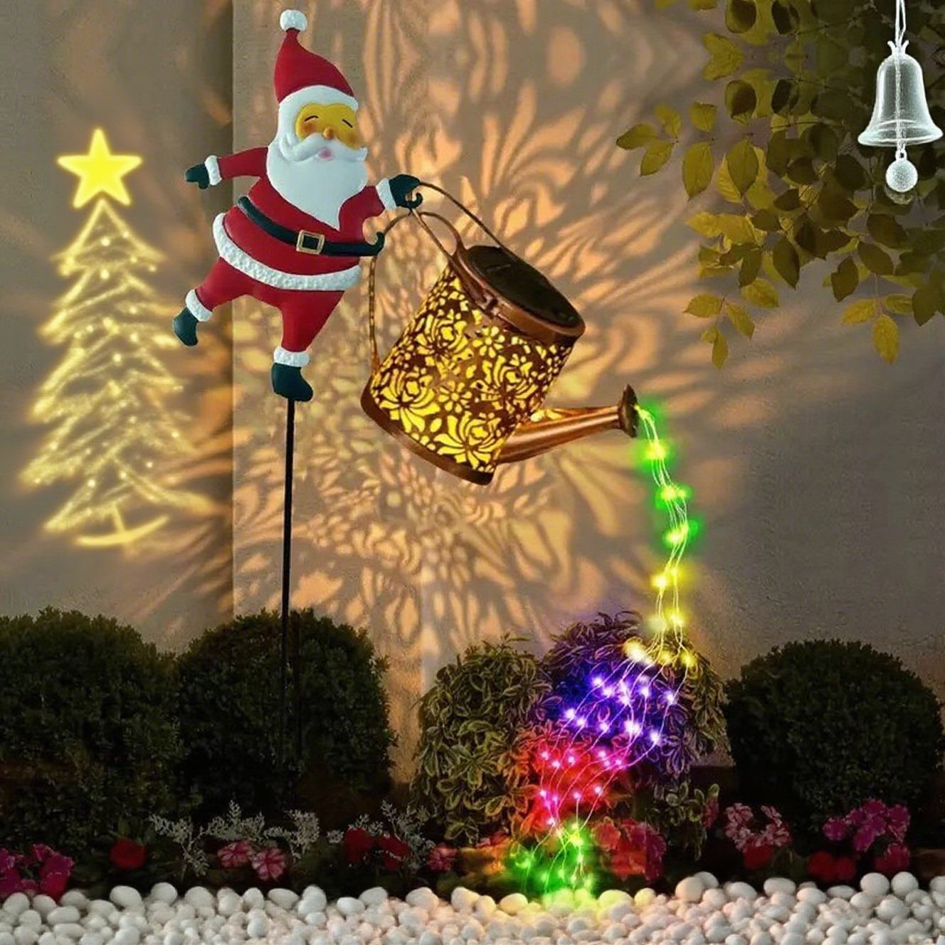 Christmas Solar Santa Kettle Light & Lantern Garden Decor Collection - Waterproof LED Watering Can & Lantern Stake