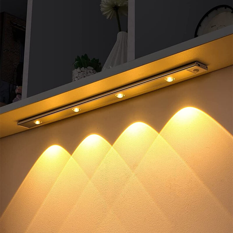 LED Motion Sensor Light Strip - Ultra-Thin Wireless Under Cabinet Light | Rechargeable Hill Glow Wardrobe Sconce | Black & Silver