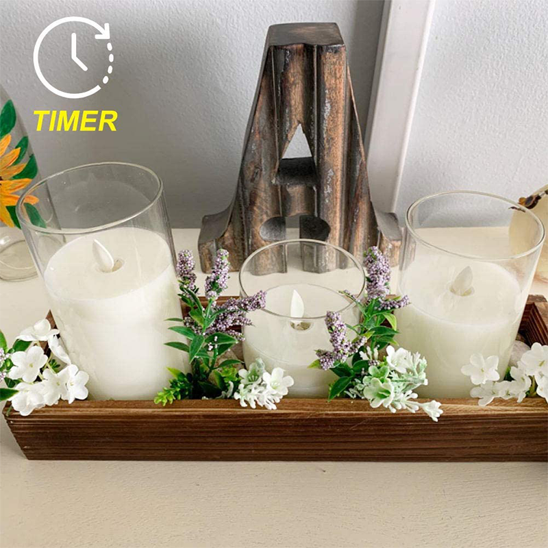 Flickering Flameless LED Candles with Glass Holder - Real Wax Remote Control Pillars | Moving Wick Amber Landscape Lights