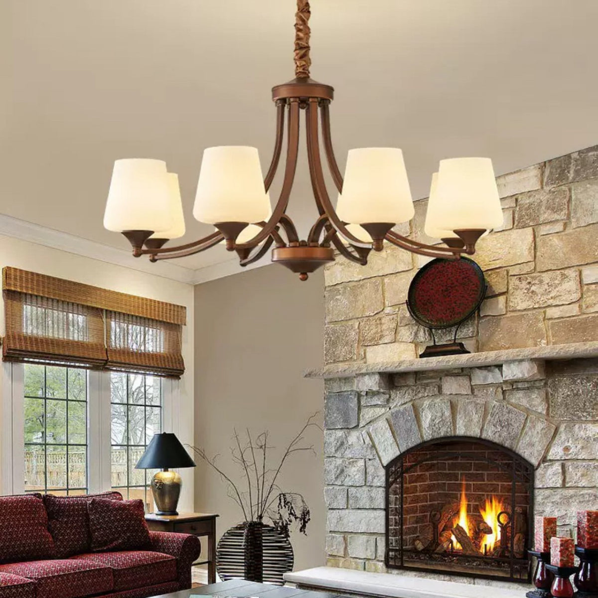 Classic Curved Arm Glass Shade Chandelier – Vintage Bronze Iron & Frosted Glass Pendant Light