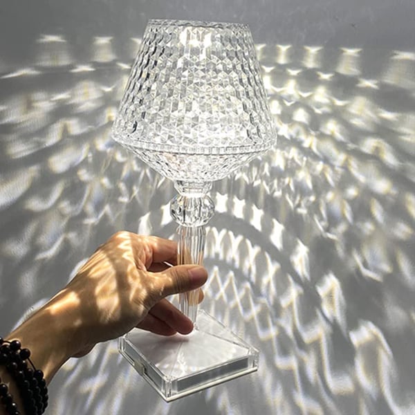 Crystal Diamond Table Lamp - Rechargeable LED Cordless Bedside Sconce | Touch Control Dimming Nightstand Light | Clear Acrylic