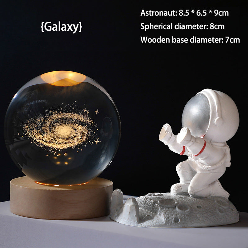3D Crystal Ball Night Light - Laser Engraved K9 Solar System & Galaxy Sphere | LED Wooden Base Bedside Sconce