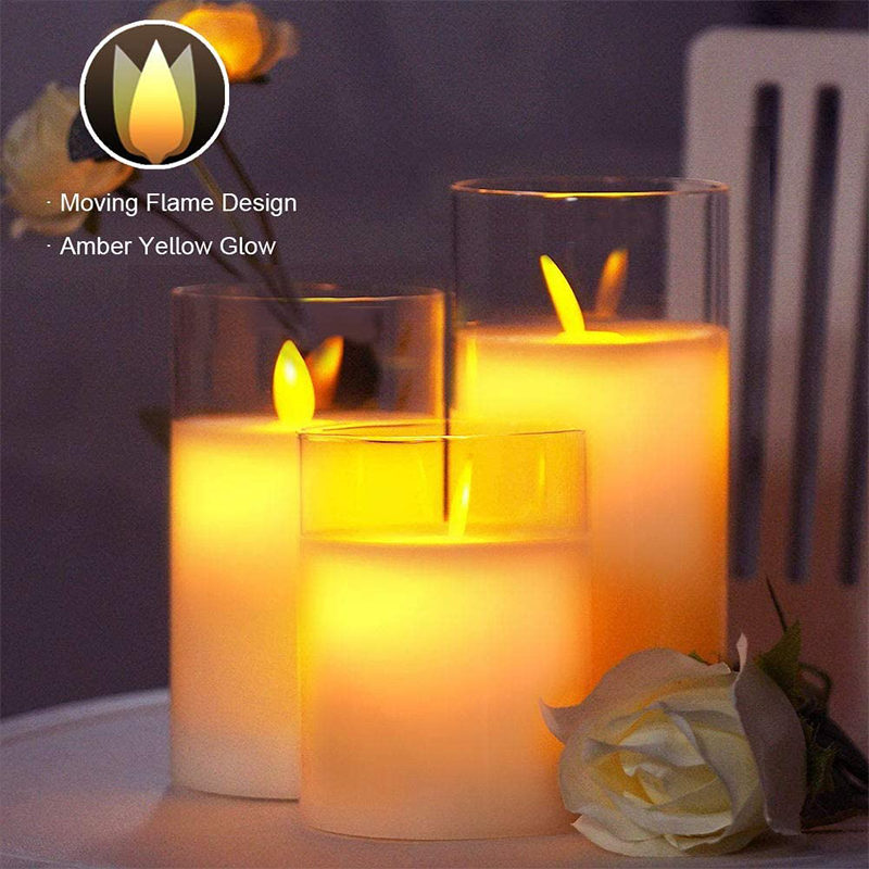 Flickering Flameless LED Candles with Glass Holder - Real Wax Remote Control Pillars | Moving Wick Amber Landscape Lights