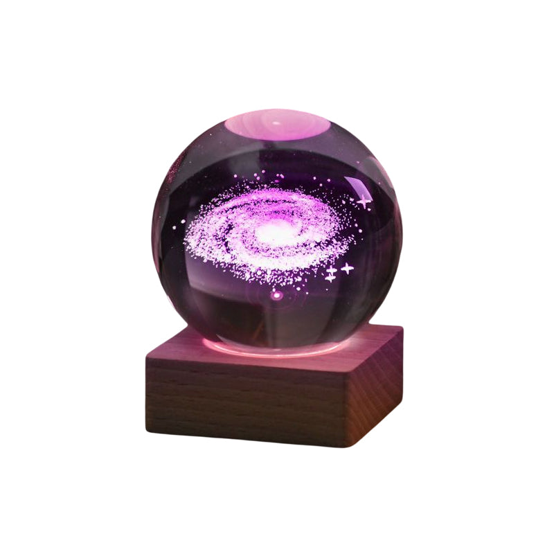 3D Crystal Ball Night Light - Laser Engraved K9 Solar System & Galaxy Sphere | LED Wooden Base Bedside Sconce