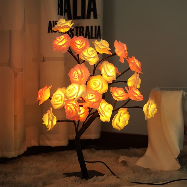 Forever Rose Tree Lamp - LED Tabletop Lighted Bonsai Sconce | Romantic Handmade Bedside Night-Light | Whimsical Holiday Gift
