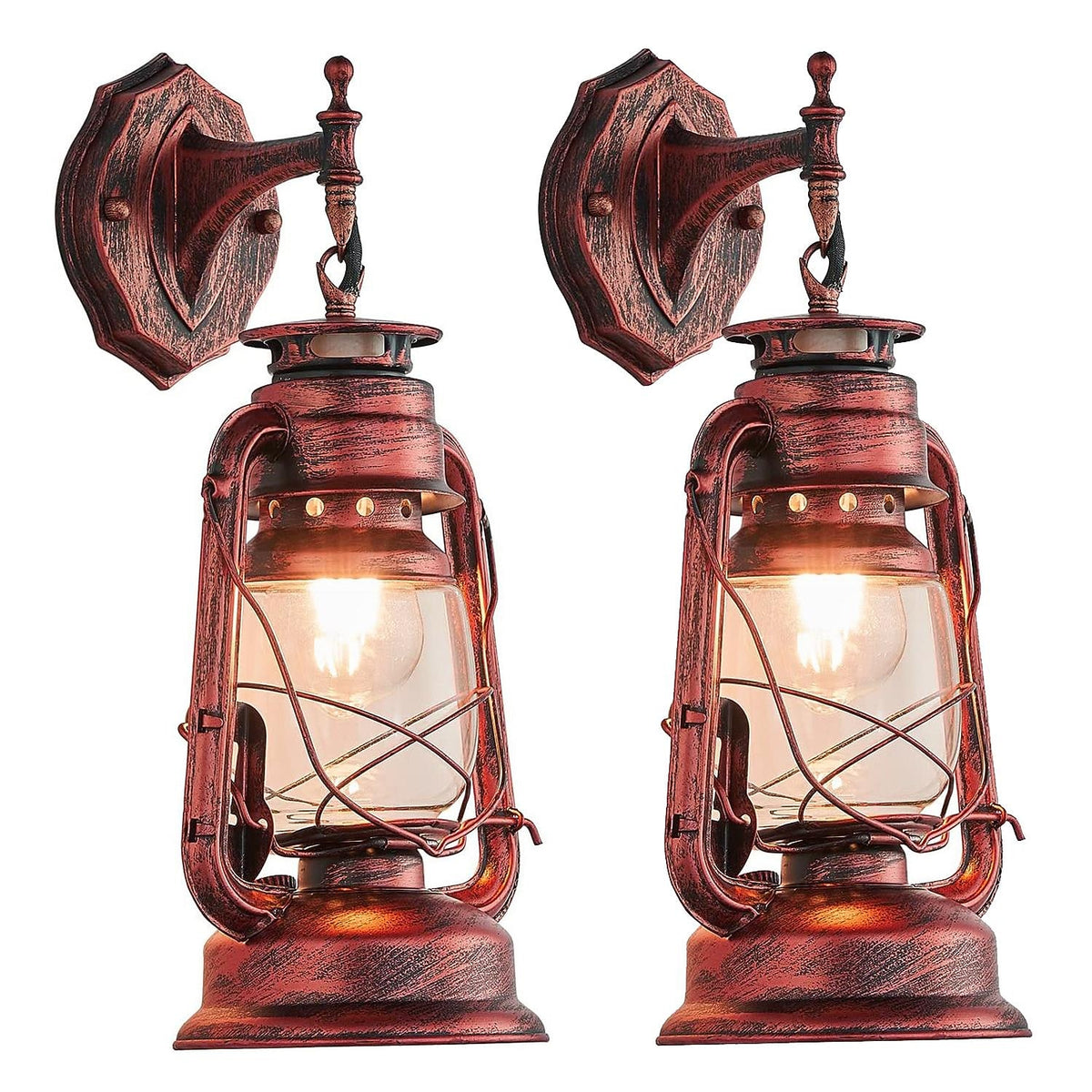 Country Style Lantern Wall Lamp – Retro Red Bronze & Glass Farmhouse Sconce