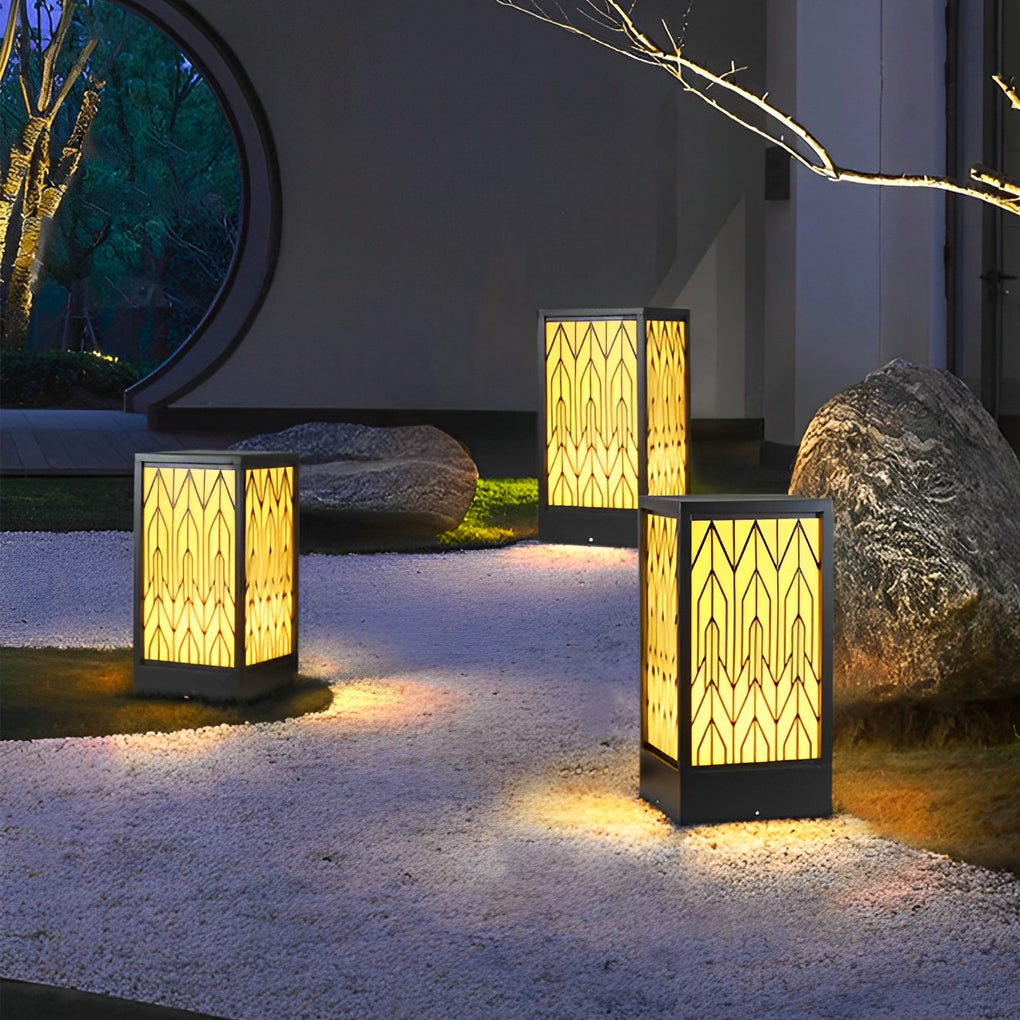 Vintage Waterproof LED Lawn Light – Patterned Lampshade & Galvanized Stone Outdoor Bollard