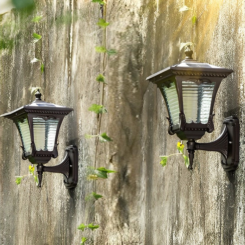 Vintage Striped Glass Solar Outdoor Wall Sconce – Black Aluminum IP65 Waterproof Light