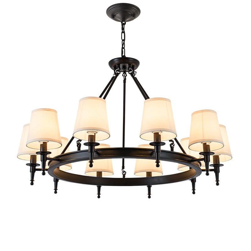 Retro Spindle Wheel Chandelier – Circular Ring Metal & Fabric Shade Chandelier