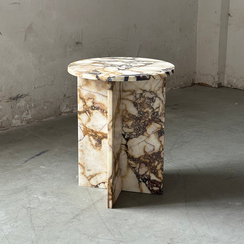Rosie Marble Side Table - Bulgari & Travertine Natural Stone Pedestal | Luxury Minimalist Bedside Table