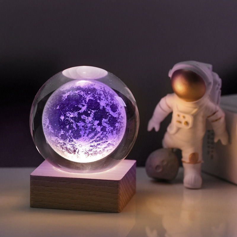 3D Crystal Ball Night Light - Laser Engraved K9 Solar System & Galaxy Sphere | LED Wooden Base Bedside Sconce
