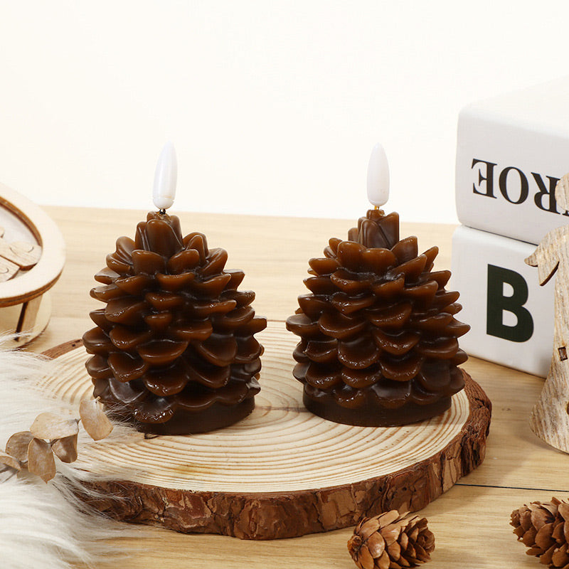 Flameless LED Pine Cone Candles - Real Paraffin Wax Flickering Holiday Lamp | Battery Operated Winter Accent Light | Brown & White