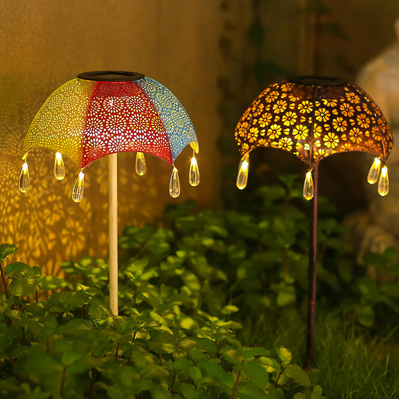 Umbrella Shaped Solar Light Garden Decor - Retro Cutout Metal Landscape Lamp | IP-Rated Waterproof Patio Sconce | Warm White