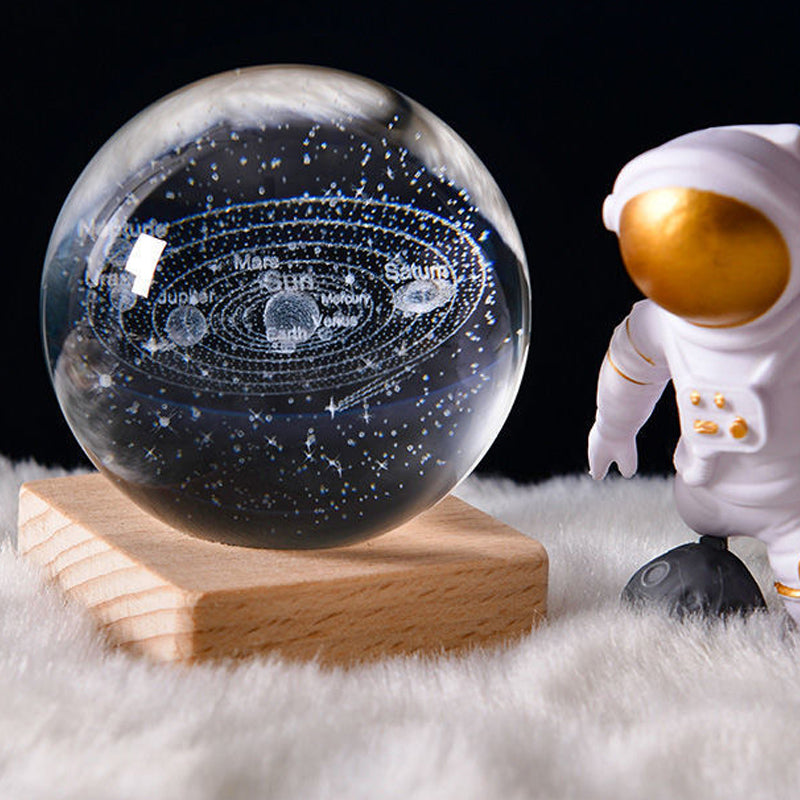 3D Crystal Ball Night Light - Laser Engraved K9 Solar System & Galaxy Sphere | LED Wooden Base Bedside Sconce