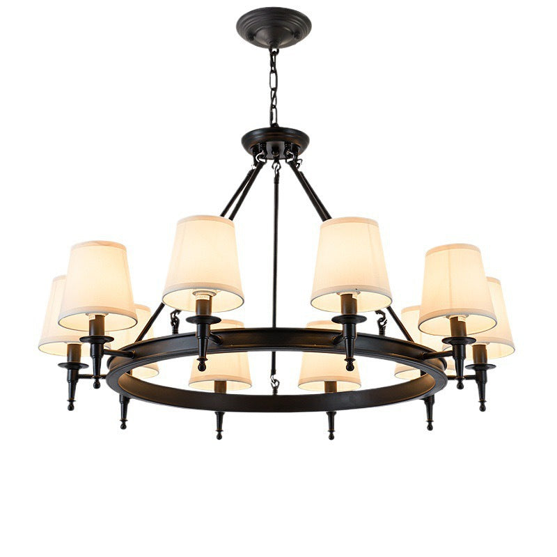 Retro Spindle Wheel Chandelier – Circular Ring Metal & Fabric Shade Chandelier