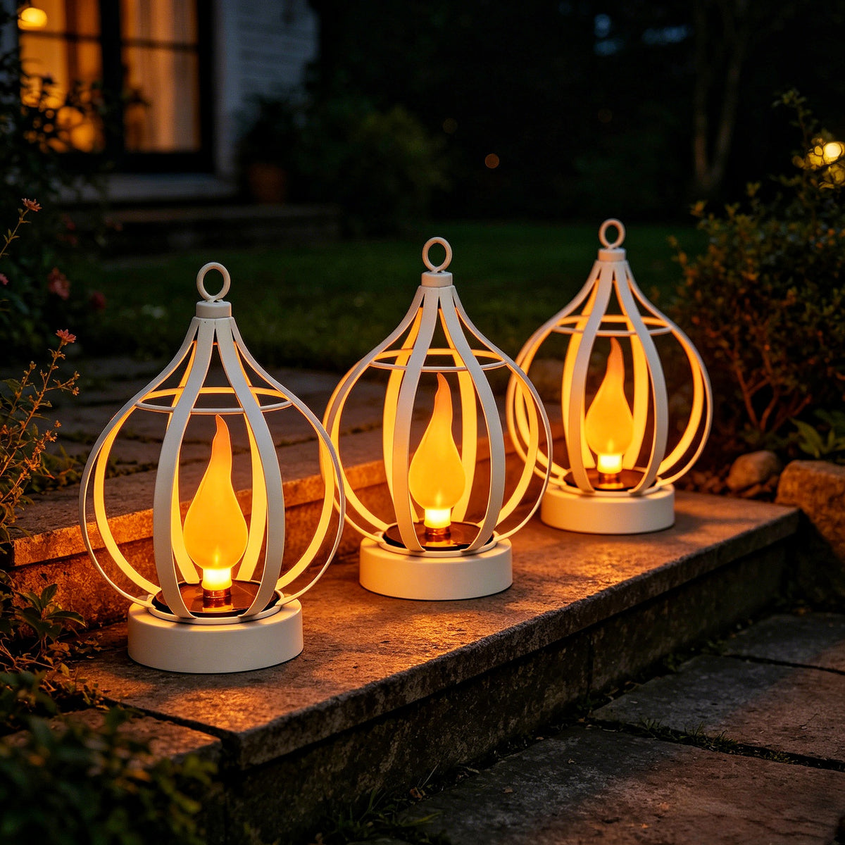 Modern Solar Metal Flame Lantern – IP65 Waterproof Outdoor Hanging Landscape Light for Garden & Patio
