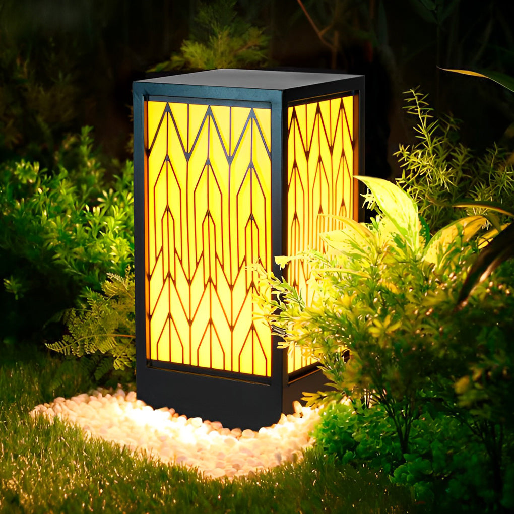 Vintage Waterproof LED Lawn Light – Patterned Lampshade & Galvanized Stone Outdoor Bollard