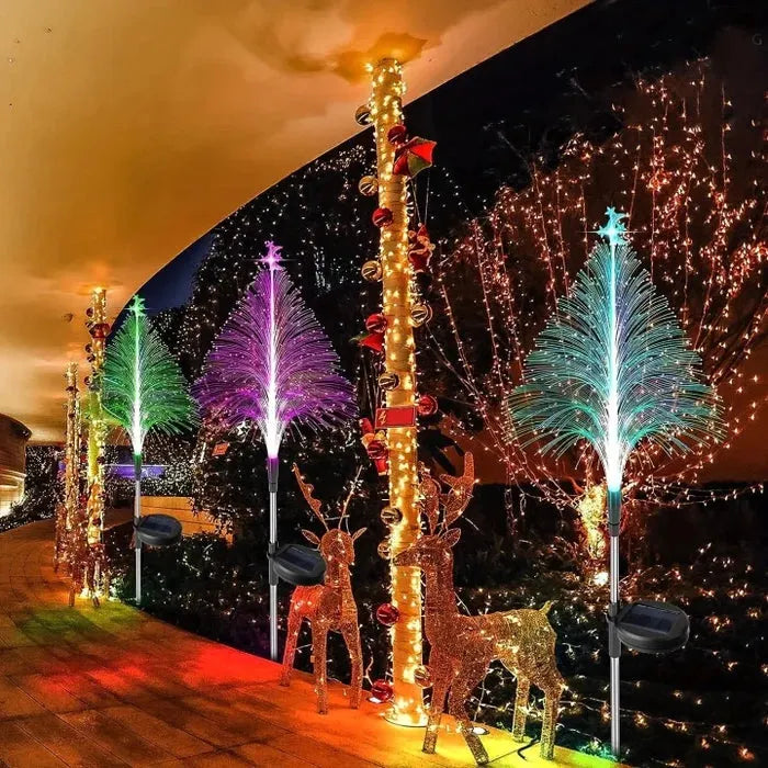 7 Color Changing Solar Christmas Tree Lights - Fiber Optic Landscape Stake Spikes | IP65 Waterproof RGB Outdoor Yard Path Lights7 Color Changing Solar Christmas Tree Lights - Fiber Optic Landscape Stake Spikes