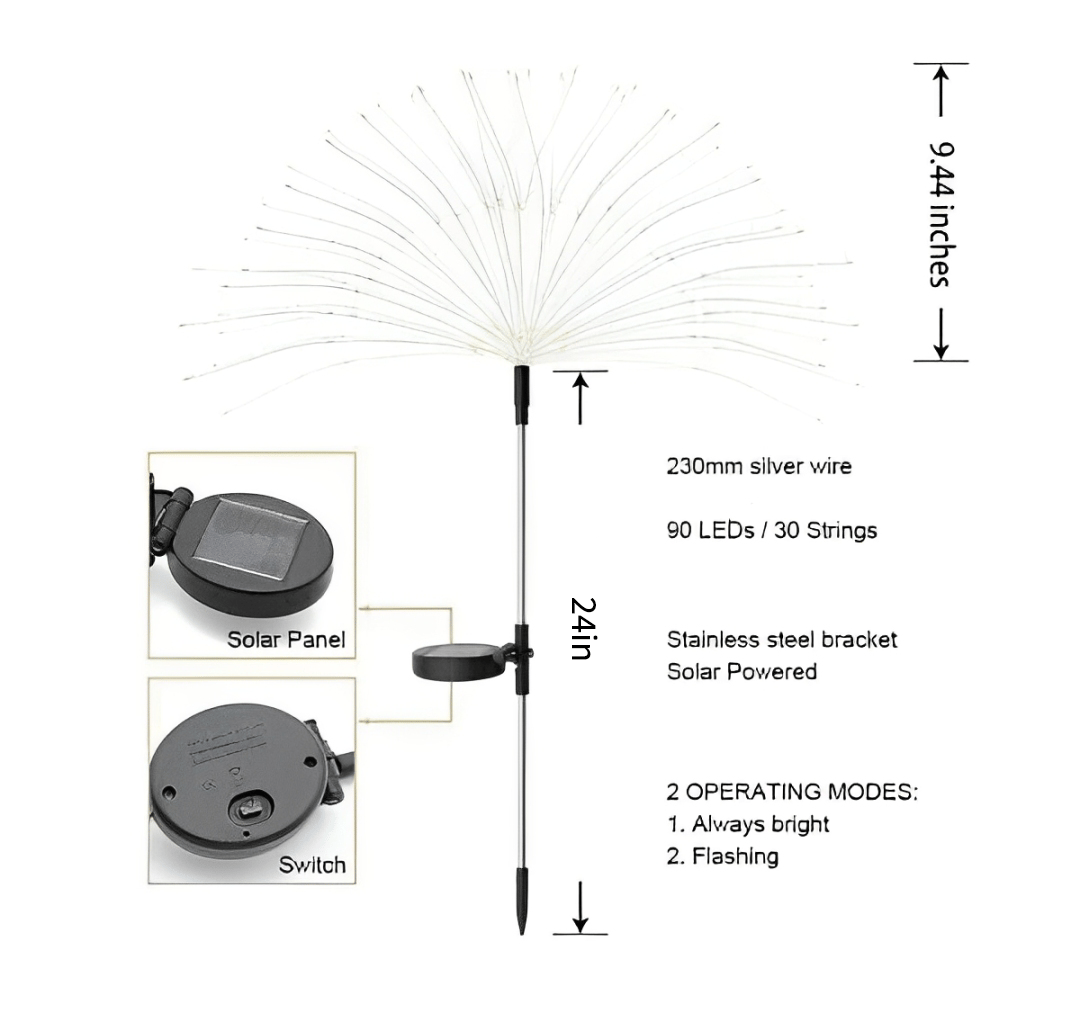 Waterproof Solar Garden Fireworks Lamp - DIY Shape Outdoor Dandelion Fairy Light | IP65 Wireless Lawn Stake | Warm White & RGB