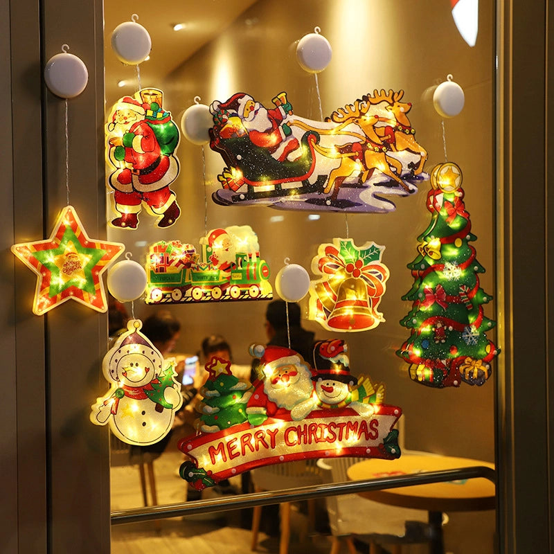Christmas Window Hanging Lights - LED Silhouette Acrylic Battery Operated Sconce | Holiday Window Pendant Light | Santa, Reindeer & Star