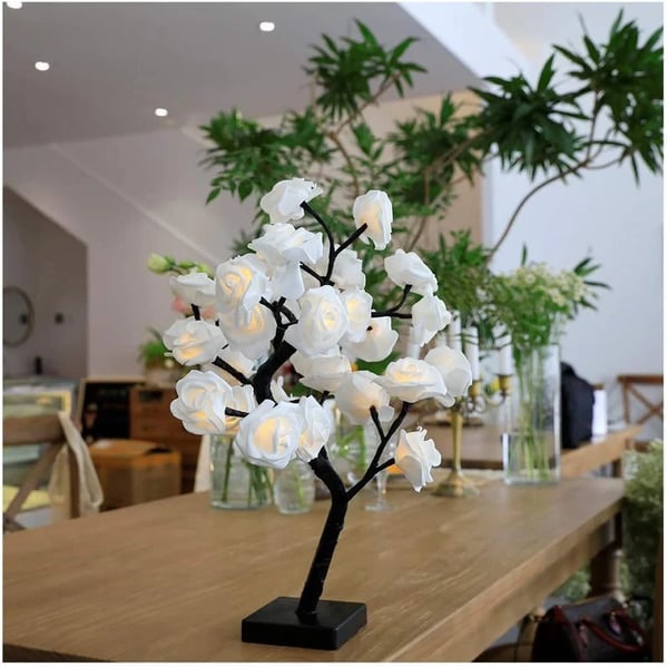 Forever Rose Tree Lamp - LED Tabletop Lighted Bonsai Sconce | Romantic Handmade Bedside Night-Light | Whimsical Holiday Gift