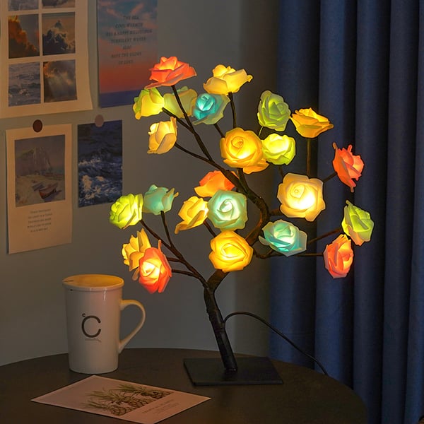 Forever Rose Tree Lamp - LED Tabletop Lighted Bonsai Sconce | Romantic Handmade Bedside Night-Light | Whimsical Holiday Gift