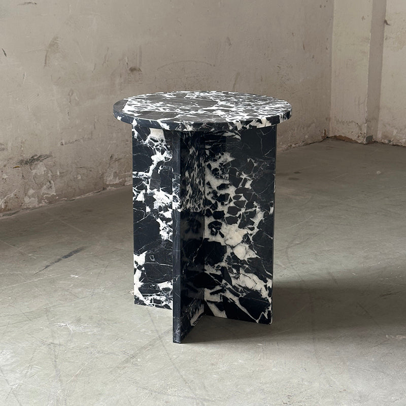 Rosie Marble Side Table - Bulgari & Travertine Natural Stone Pedestal | Luxury Minimalist Bedside Table
