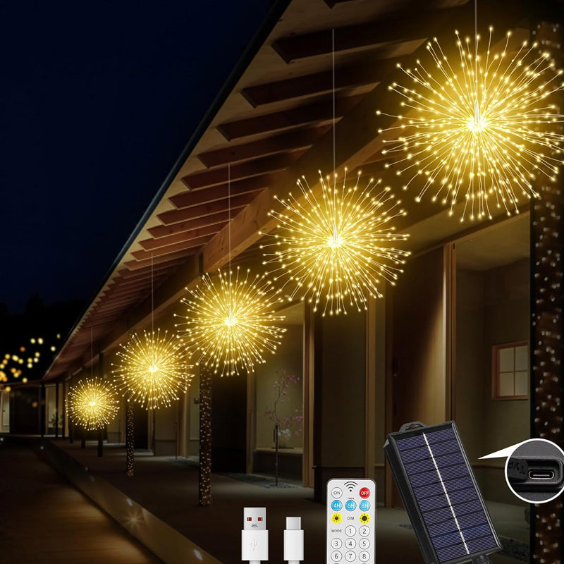 Solar Firework String Lights - Copper Wire Starburst Hanging Garland | IP65 Waterproof Yard & Party Light