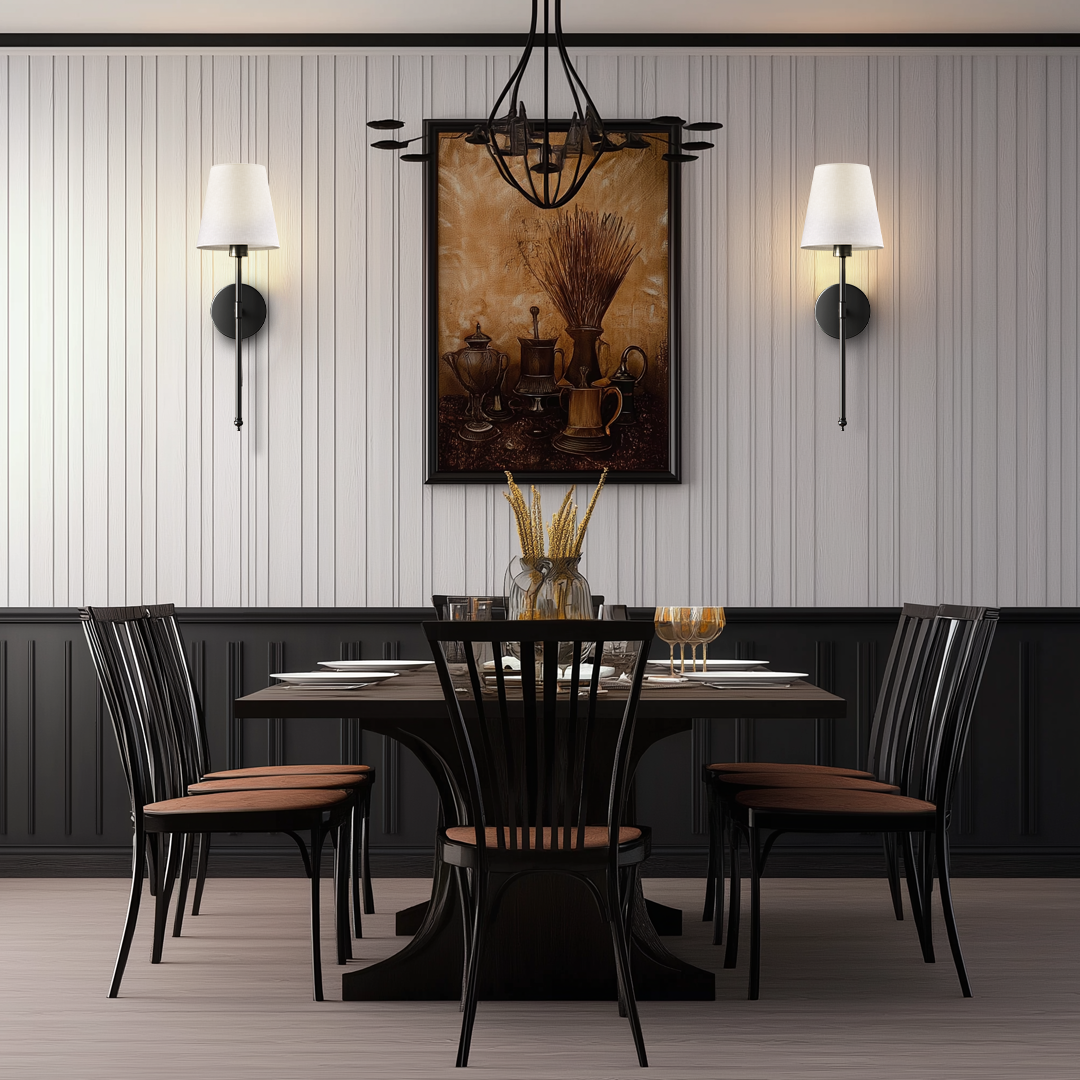 Wireless LED Wall Sconce - Rechargeable Fabric Shade Vanity Sconce | Drill-Free Magnetic Bedroom Bedside Lamp | Black & Gold
