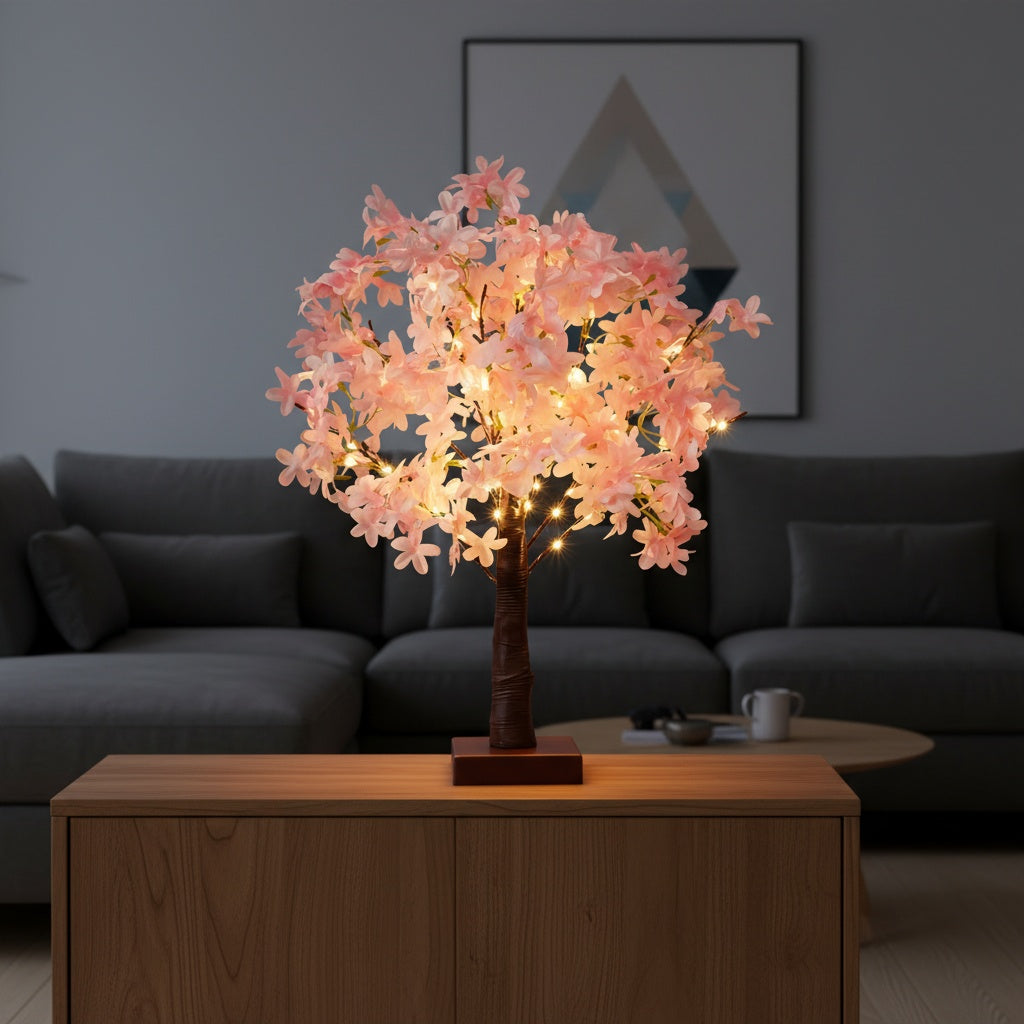Pink Cherry Blossom Tree Lamp – Battery-Powered Warm LED Floral Accent Light