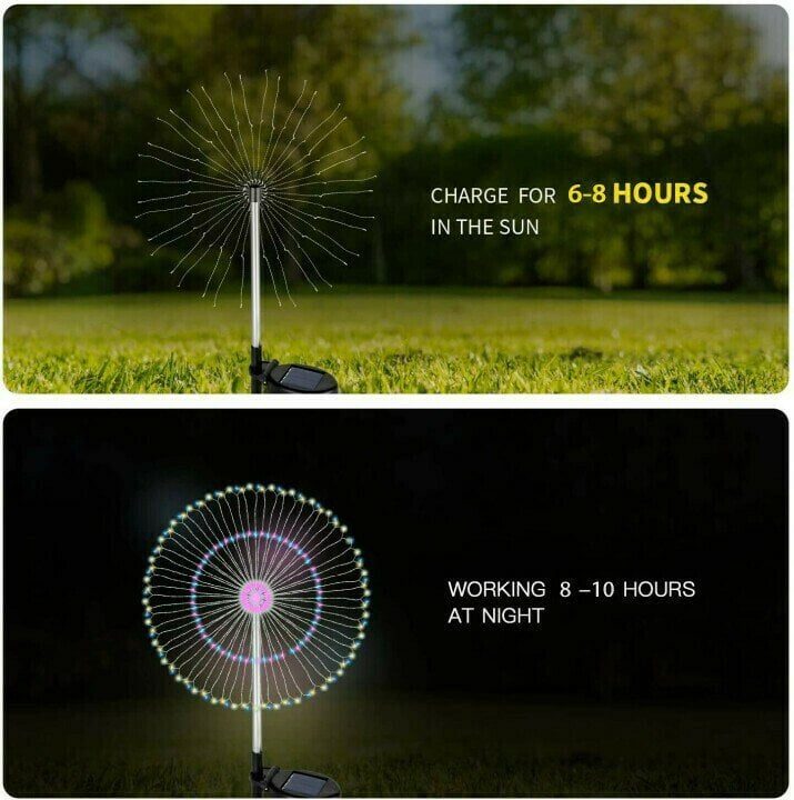Waterproof Solar Garden Fireworks Lamp - DIY Shape Outdoor Dandelion Fairy Light | IP65 Wireless Lawn Stake | Warm White & RGB
