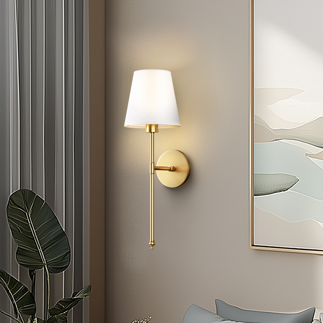 Wireless LED Wall Sconce - Rechargeable Fabric Shade Vanity Sconce | Drill-Free Magnetic Bedroom Bedside Lamp | Black & Gold