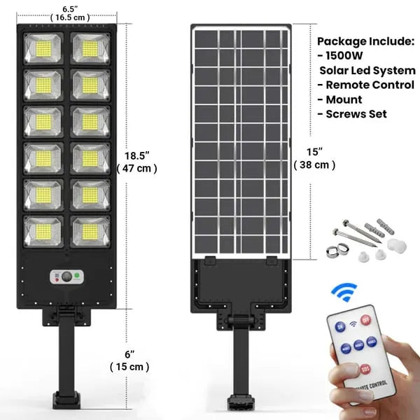 1500W Solar LED Street Light - Commercial IP65 Weatherproof Outdoor Area Lamp | Motion Sensor Dusk-to-Dawn Security Floodlight