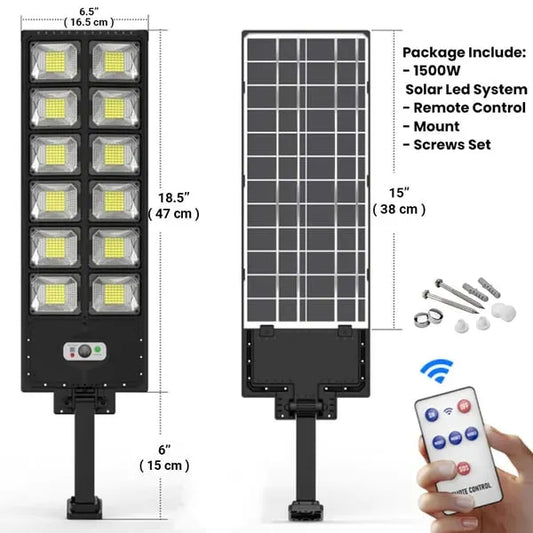 1500W Solar LED Street Light - Commercial IP65 Weatherproof Outdoor Area Lamp | Motion Sensor Dusk-to-Dawn Security Floodlight