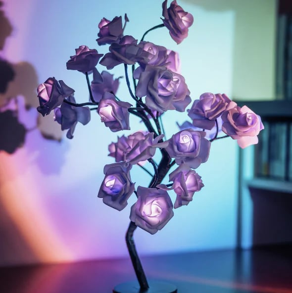 Forever Rose Tree Lamp - LED Tabletop Lighted Bonsai Sconce | Romantic Handmade Bedside Night-Light | Whimsical Holiday Gift