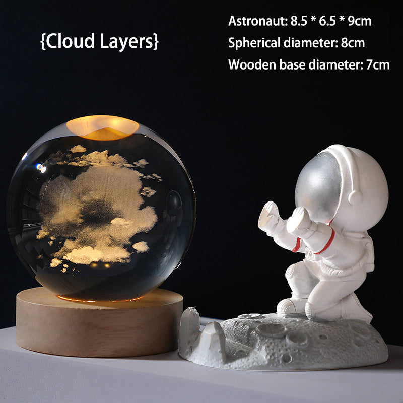 3D Crystal Ball Night Light - Laser Engraved K9 Solar System & Galaxy Sphere | LED Wooden Base Bedside Sconce