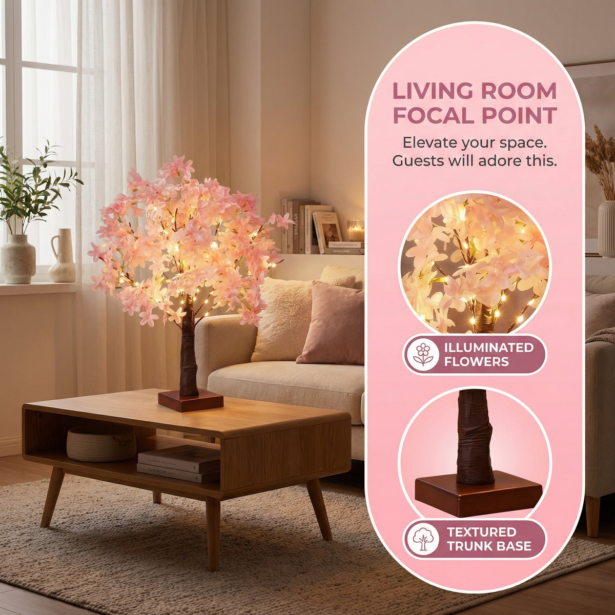 Pink Cherry Blossom Tree Lamp – Battery-Powered Warm LED Floral Accent Light