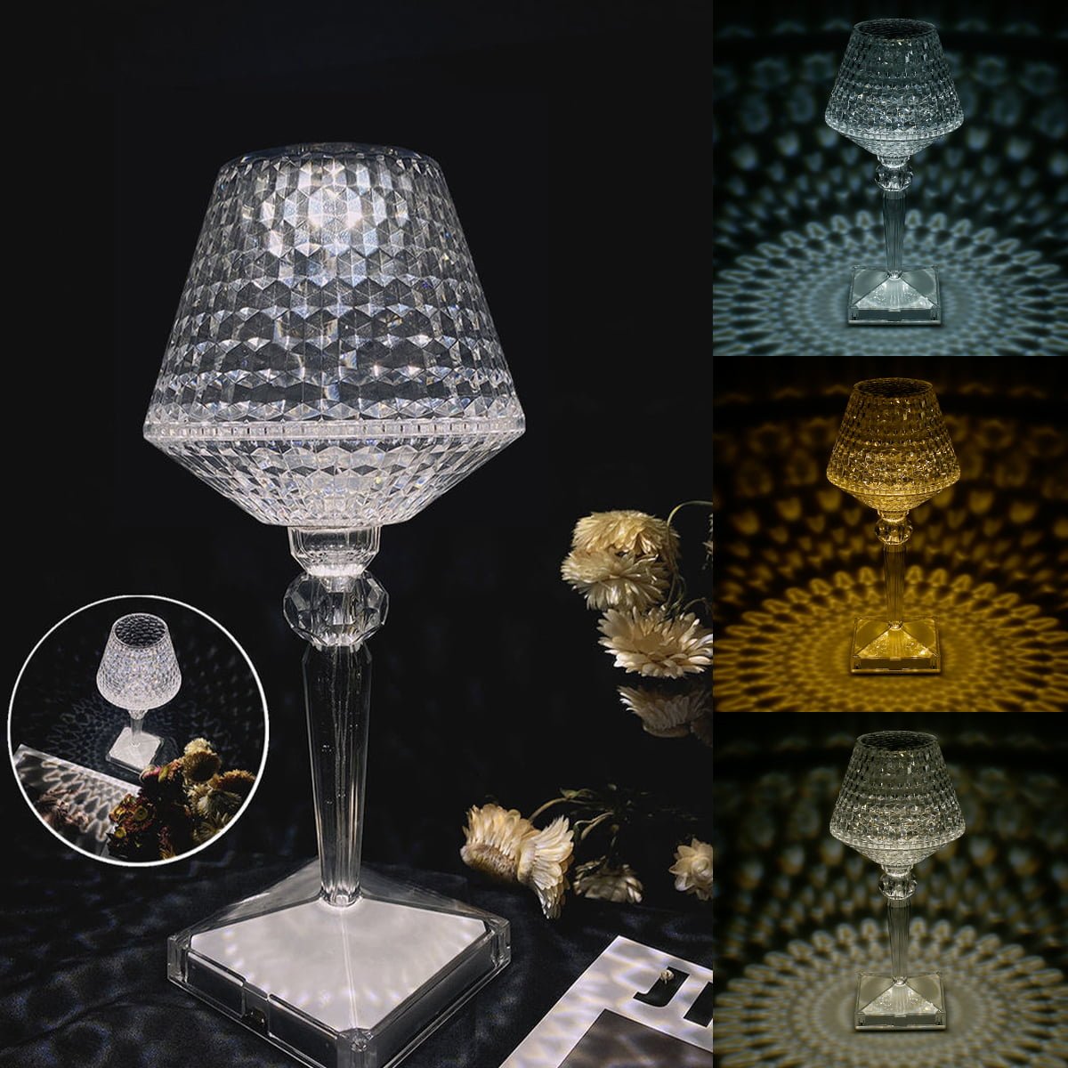 Crystal Diamond Table Lamp - Rechargeable LED Cordless Bedside Sconce | Touch Control Dimming Nightstand Light | Clear Acrylic