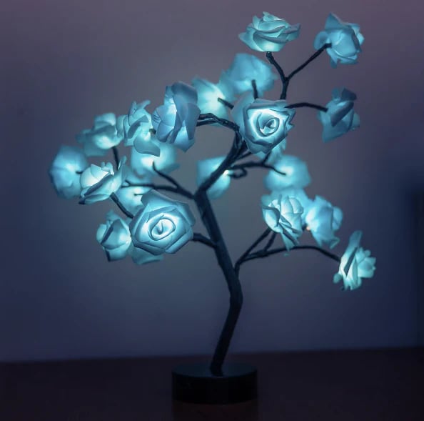 Forever Rose Tree Lamp - LED Tabletop Lighted Bonsai Sconce | Romantic Handmade Bedside Night-Light | Whimsical Holiday Gift