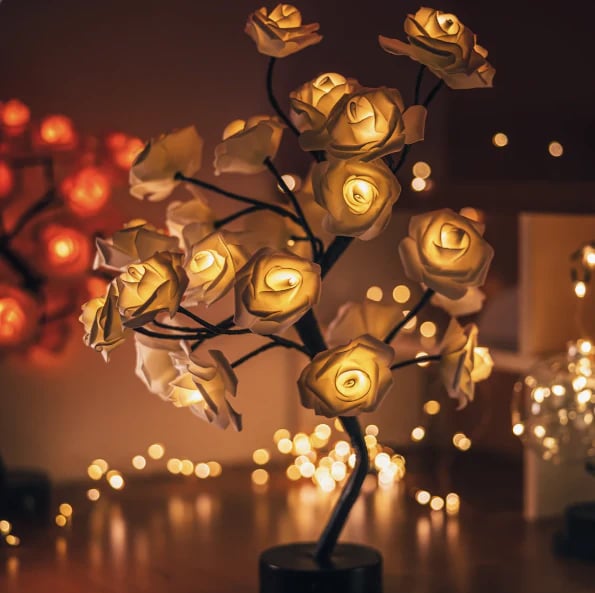 Forever Rose Tree Lamp - LED Tabletop Lighted Bonsai Sconce | Romantic Handmade Bedside Night-Light | Whimsical Holiday Gift