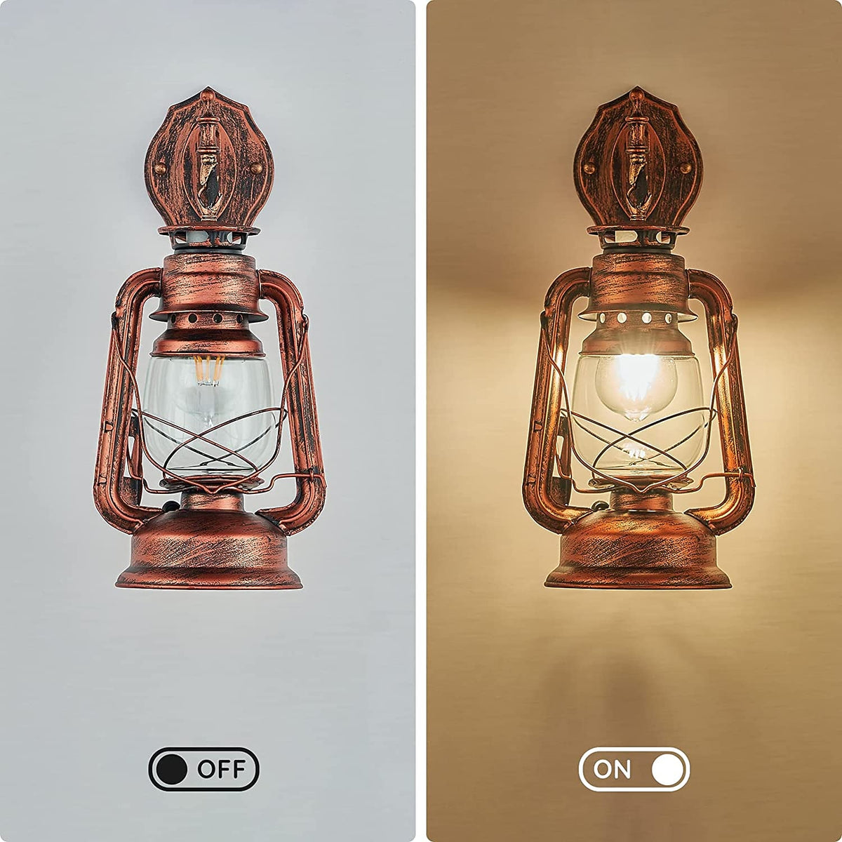 Country Style Lantern Wall Lamp – Retro Red Bronze & Glass Farmhouse Sconce