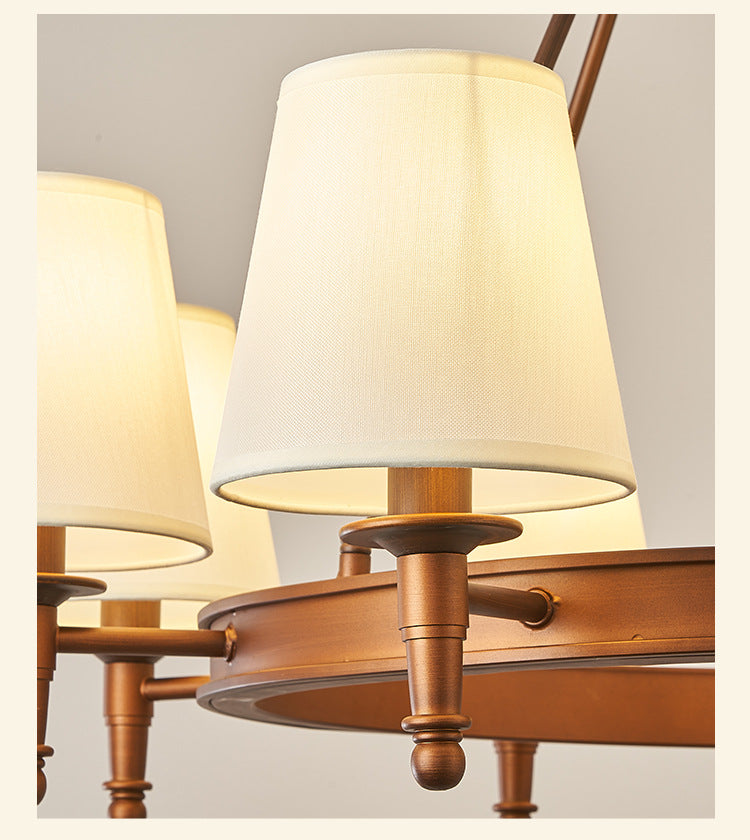 Retro Spindle Wheel Chandelier – Circular Ring Metal & Fabric Shade Chandelier