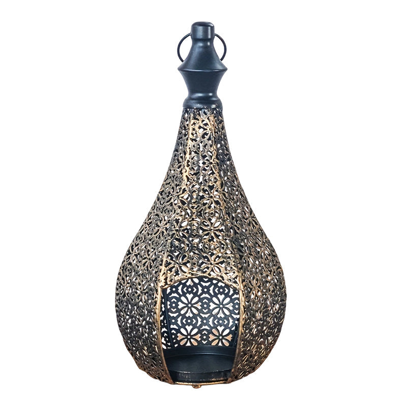 Hollow-Out Metal Candle Holder Ornament - Black Varnish Cutout Pillar Lantern | Artistic Shadow Pattern Tabletop Sconce